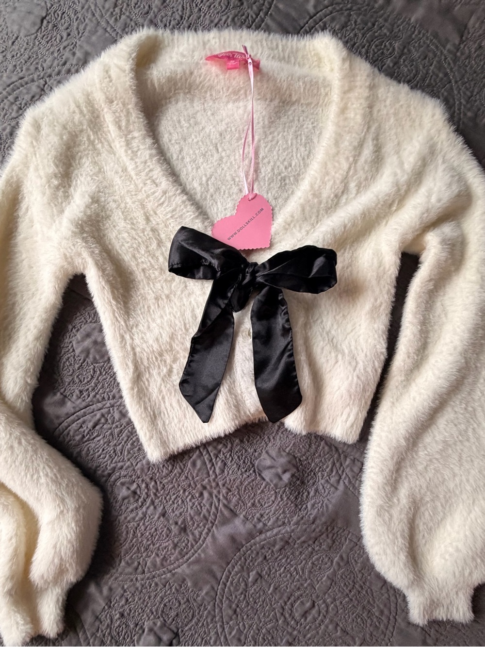 Sugar Thrills Soft Ivory Fuzzy V-Neck Sweater with Black Satin Bow
